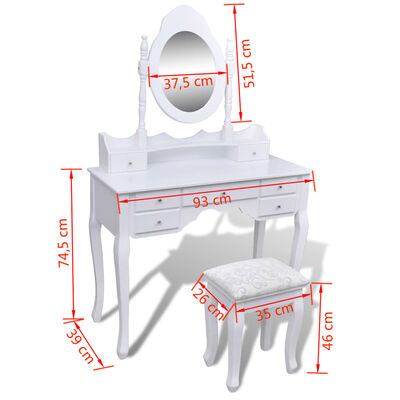 vidaXL طاولة تسريحة بـ 7 أدراج مع مرآة وكرسي أبيض