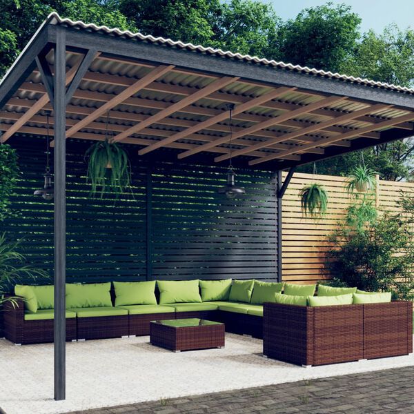 vidaXL طقم 11 قطع أرائك استرخاء حديقة مع وسائد بولي روطان بني