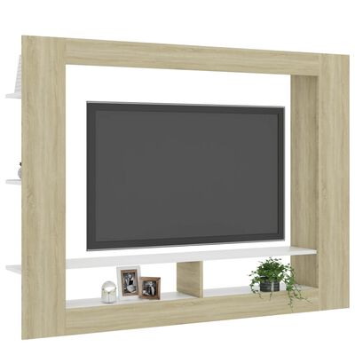 vidaXL خزانة تلفزيون أبيض وسونوما أوك 152×22×113 سم خشب حبيبي