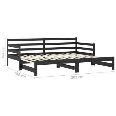 vidaXL سرير نهاري قابل للسحب خشب صنوبر صلب أسود 2×(90×200) سم