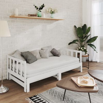 vidaXL سرير نهاري قابل للسحب خشب صنوبر صلب أبيض 2×(90×200) سم