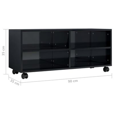 vidaXL طاولة تلفزيون بعجلات أسود لامع 90×35×35 سم خشب مضغوط