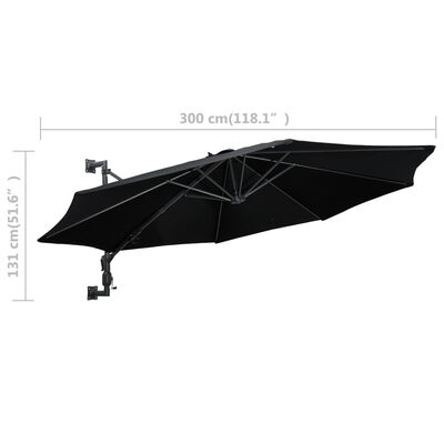 vidaXL مظلة شمسية مثبتة على الجدار مع عمود معدني 300 سم أسود