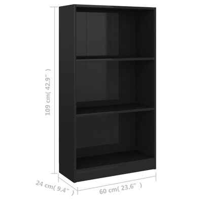 vidaXL 800871 vidaXL 3-Tier Book Cabinet High Gloss Black 60x24x109 cm Engineered Wood