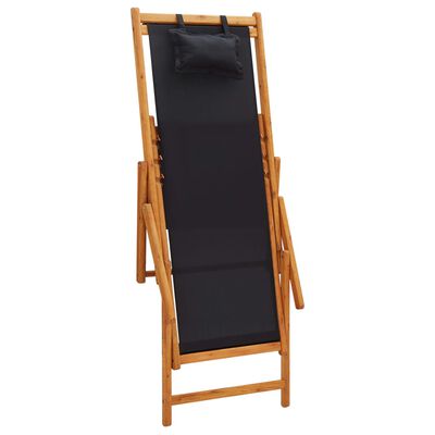 vidaXL كرسي شاطئ قابل للطي خشب أوكالبتوس صلب وقماش أسود