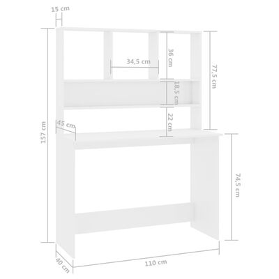 vidaXL مكتب مع رفوف أبيض لامع 110×45×157 سم خشب مضغوط