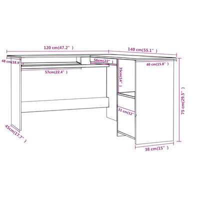 vidaXL طاولة مكتب زاوية أبيض 120×140×75 سم خشب حبيبي
