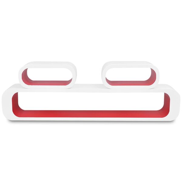 vidaXL 3 رفوف عرض جدارية عائمة مكعبة خشب MDF لون أبيض-أحمر لتخزين الكتب/DVD