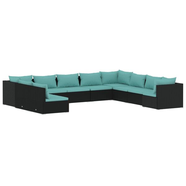 vidaXL طقم جلسة حديقة 10 قطع مع وسائد لون أسود بولي روطان