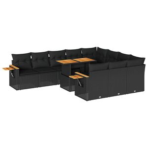 vidaXL طقم أريكة حديقة مكون من 11 قطعة مع وسائد، مصنوع من البولي راتان الأسود وخشب الأكاسيا