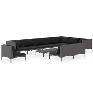 vidaXL طقم جلسة حديقة 11 قطعة مع وسائد بولي روطان لون رمادي داكن