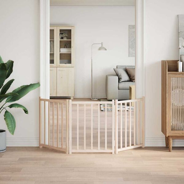 vidaXL بوابة كلب قابلة للطي، 3 ألواح، 150 سم، مصنوعة من خشب التنوب الصلب