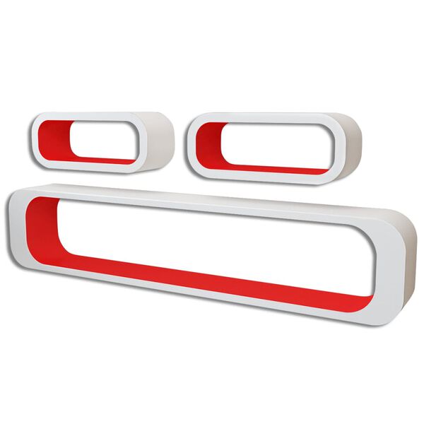 vidaXL 3 رفوف عرض جدارية عائمة مكعبة خشب MDF لون أبيض-أحمر لتخزين الكتب/DVD