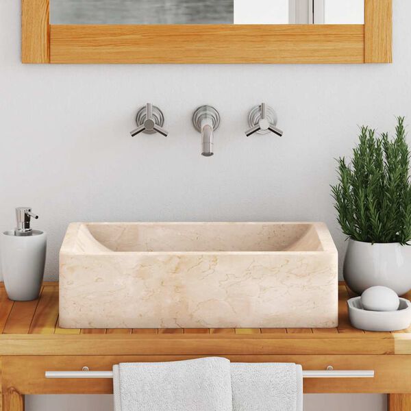 vidaXL حوض 45×30×12 سم رخام لون كريمي لامع جدًا