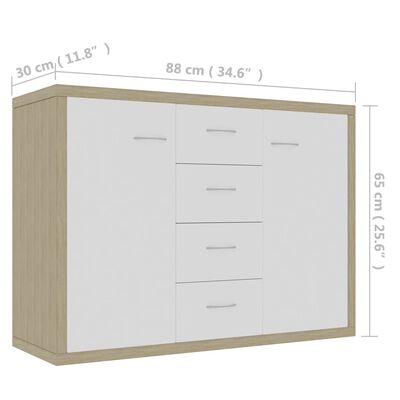 vidaXL خزانة جانبية أبيض وسونوما اوك 88×30×65 سم خشب مضغوط