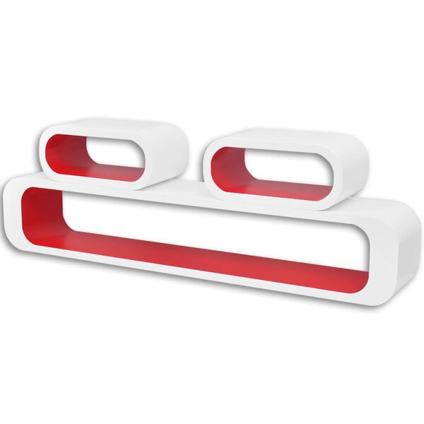 vidaXL 3 رفوف عرض جدارية عائمة مكعبة خشب MDF لون أبيض-أحمر لتخزين الكتب/DVD