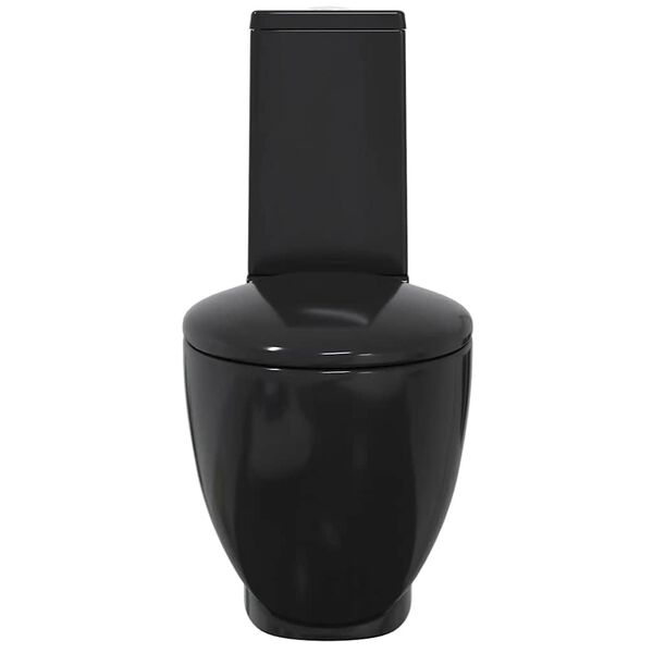 vidaXL مرحاض سيراميك للحمام مرحاض مستدير بنظام تدفق الماء للأسفل أسود