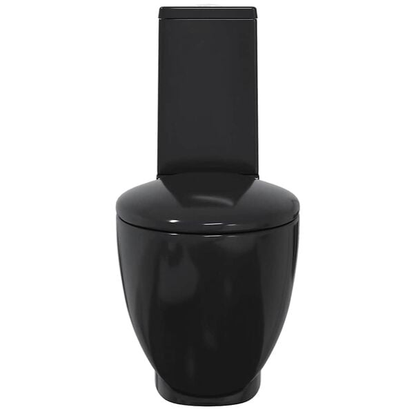 vidaXL مرحاض سيراميك للحمام مرحاض مستدير بنظام تدفق الماء للأسفل أسود (141136)