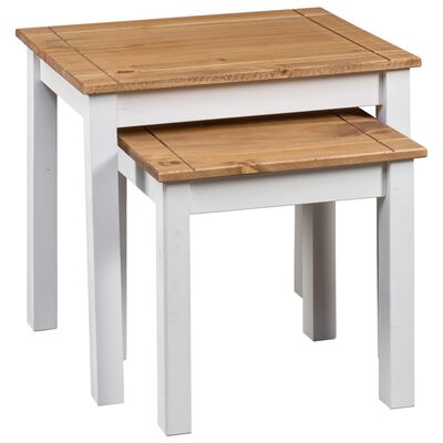 vidaXL طاولات متداخلة 2 ق خشب صنوبر صلب أبيض طراز بنما