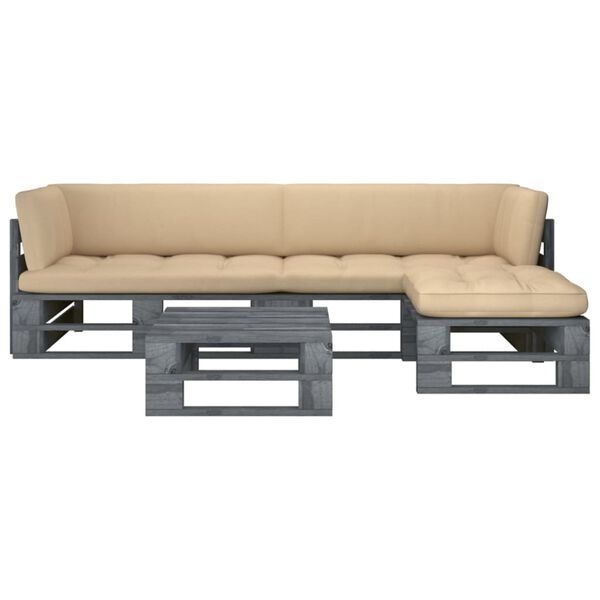 vidaXL طقم جلسة باليت 4 قطع ووسائد لون رمادي خشب صنوبر مُشرّب