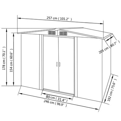 vidaXL كشك حديقة للتخزين رمادي فولاذ 257×205×178 سم 178 سم