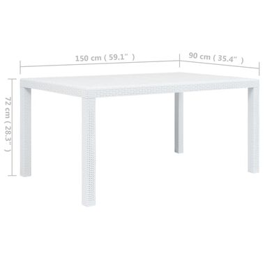 vidaXL طاولة حديقة أبيض 150×90×72 سم بلاستيك بمظهر روطان