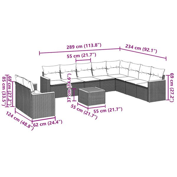 vidaXL طقم أريكة حديقة 11 قطعة مع وسائد لون أسود بولي روطان