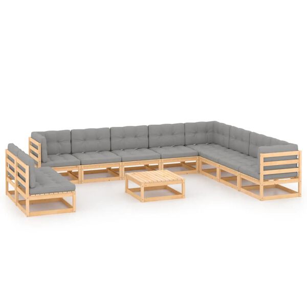 vidaXL عدد 11 قطعة طقم جلسة حديقة مع وسائد خشب صنوبر صلب