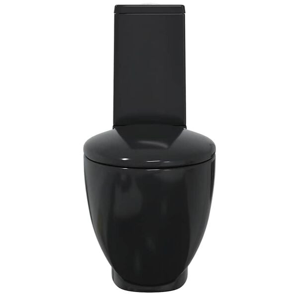 vidaXL مرحاض سيراميك للحمام مرحاض مستدير بنظام تدفق الماء للأسفل أسود (141136)