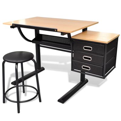 vidaXL طاولة بسطح قابل للإمالة بثلاثة أدراج طاولة رسم مع مقعد