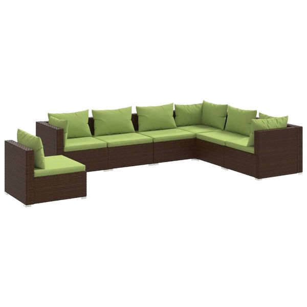 vidaXL طقم 7 قطع كنب حديقة مع وسائد بولي روطان بني