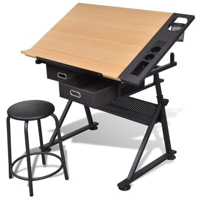 vidaXL طاولة بسطح قابل للإمالة بدرجين طاولة رسم مع مقعد