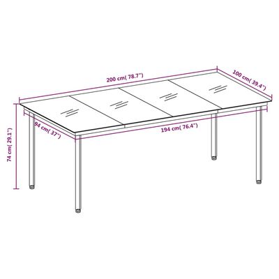 vidaXL طاولة سفرة حديقة أسود 200×100×74 سم فولاذ وزجاج