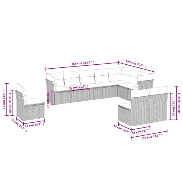 vidaXL طقم أريكة حديقة 10 قطعة مع وسائد بولي روطان لون بيج