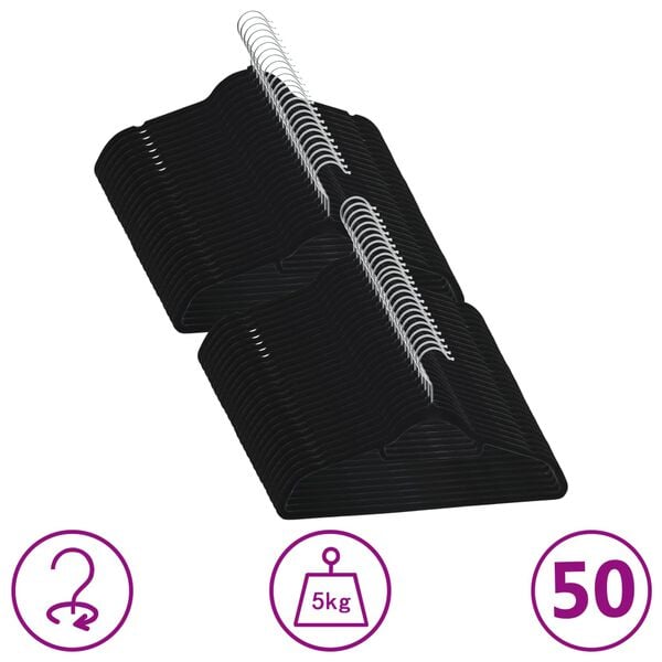 vidaXL عدد 50 ق طقم شماعات ملابس مضادة للانزلاق أسود مخملي