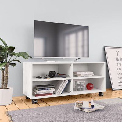 vidaXL خزانة تلفزيون بعجلات أبيض 90×35×35 سم خشب حبيبي