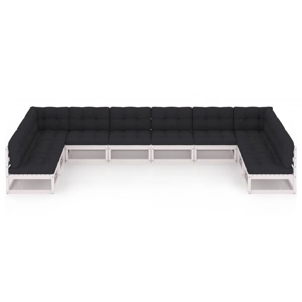 vidaXL عدد 10 قطع طقم جلسة حديقة مع وسائد خشب صنوبر صلب أبيض