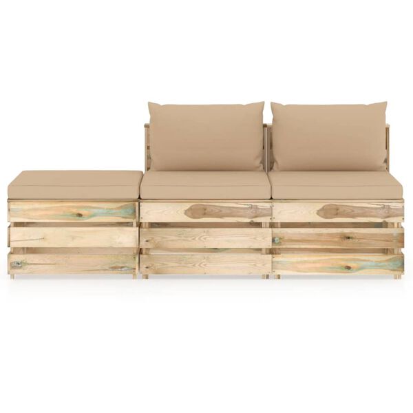 vidaXL طقم جلسة حديقة 3 قطع مع وسائد لون أخضر خشب مُشرّب