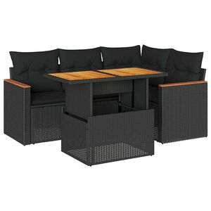 vidaXL طقم أريكة حديقة مكون من 5 قطع مع وسائد، مصنوع من البولي راتان الأسود وخشب الأكاسيا