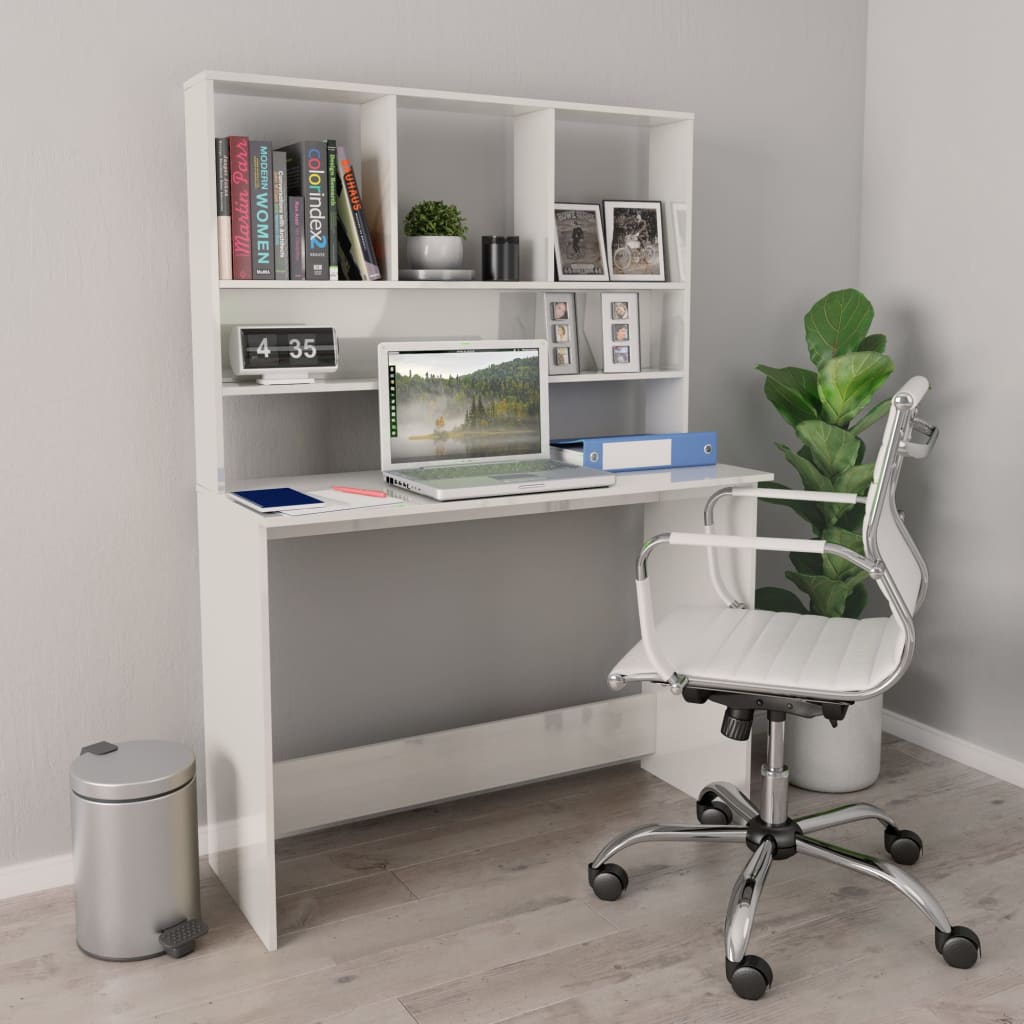 vidaXL مكتب مع رفوف أبيض لامع 110×45×157 سم خشب مضغوط