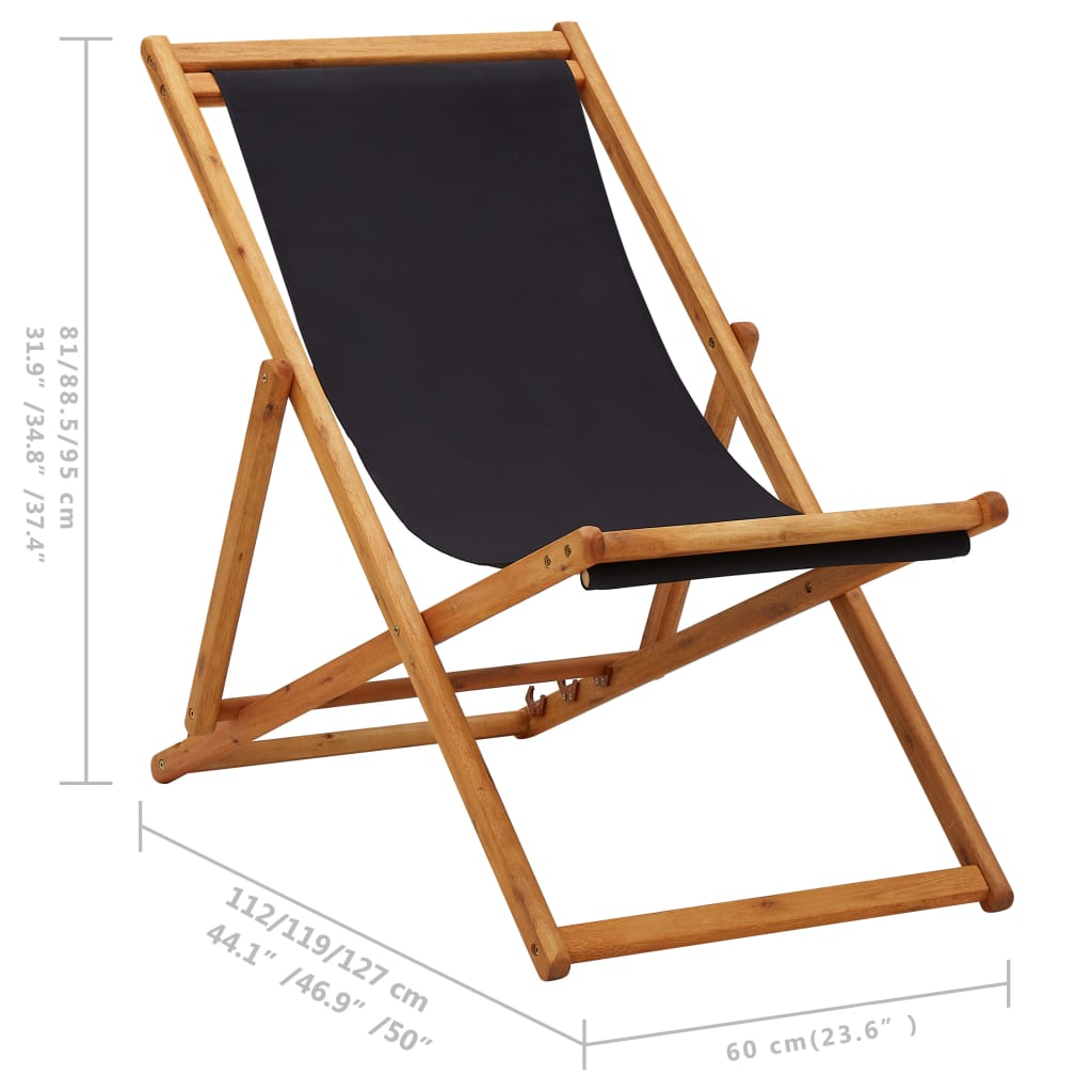 vidaXL كرسي شاطئ قابل للثني خشب أوكالبتوس وقماش أسود