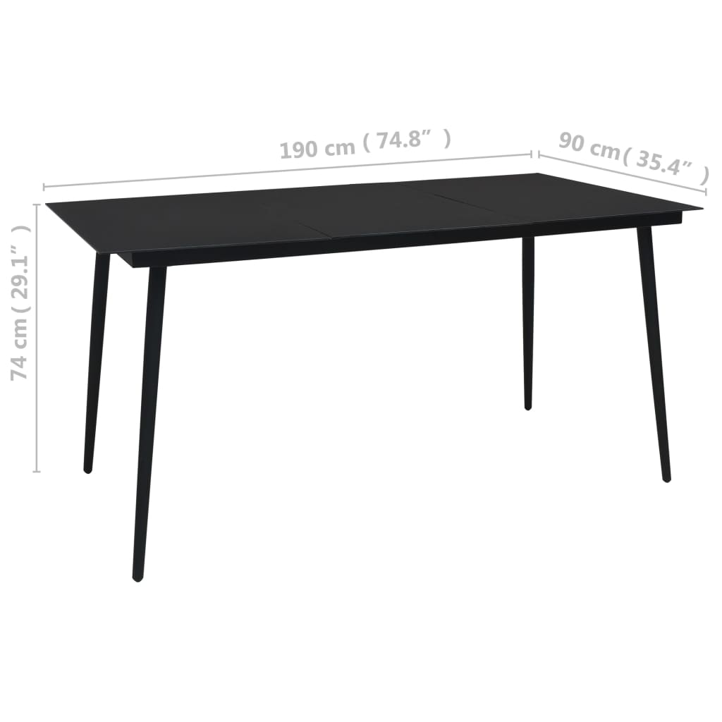 vidaXL طاولة سفرة حديقة لون أسود 190×90×74 سم فولاذ وزجاج