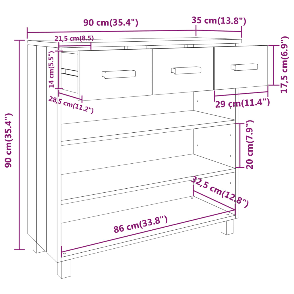 vidaXL طاولة كونسول أبيض 90×35×90 سم خشب صنوبر صلب