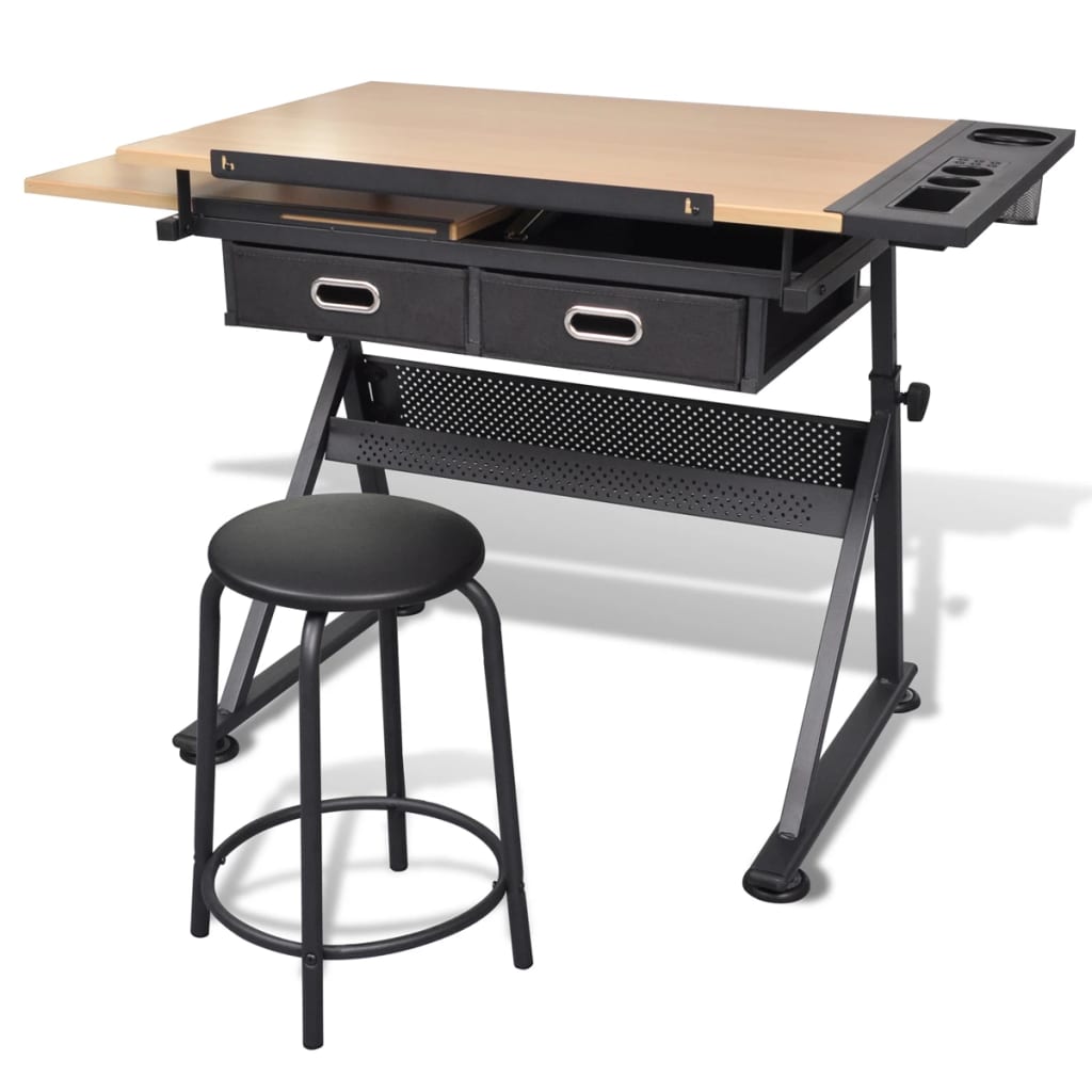 vidaXL طاولة بسطح قابل للإمالة بدرجين طاولة رسم مع مقعد