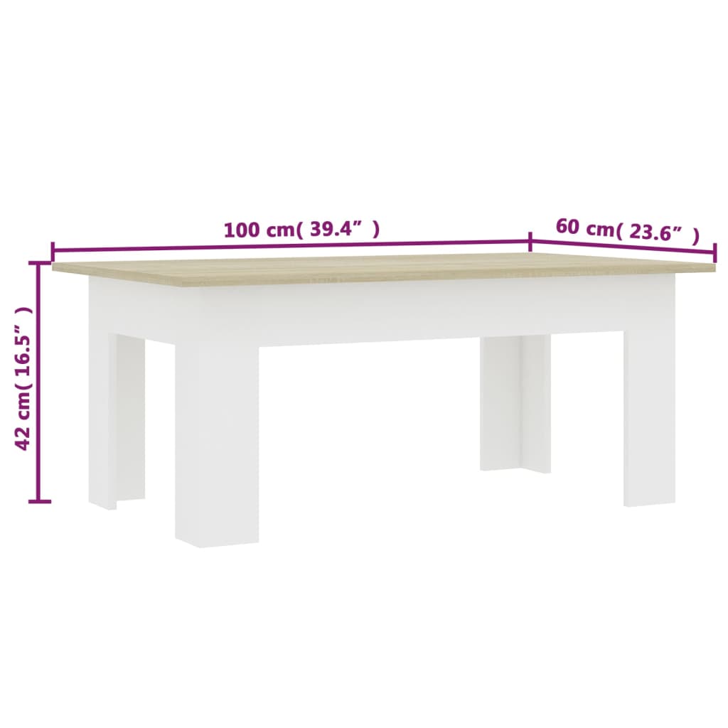 vidaXL طاولة قهوة أبيض وسونوما أوك 100×60×42 سم خشب حبيبي