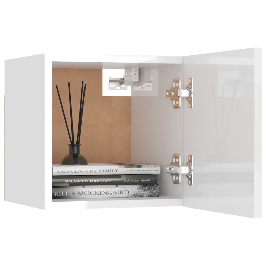 vidaXL خزانات تلفزيون جدارية 2 قطع أبيض لامع 30x30x30.5 سم