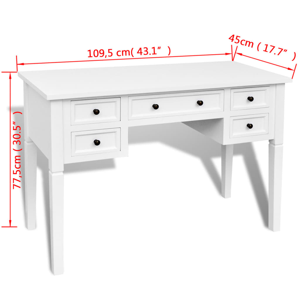 vidaXL 241533 طاولة كتابة بيضاء مع 5 أدراج
