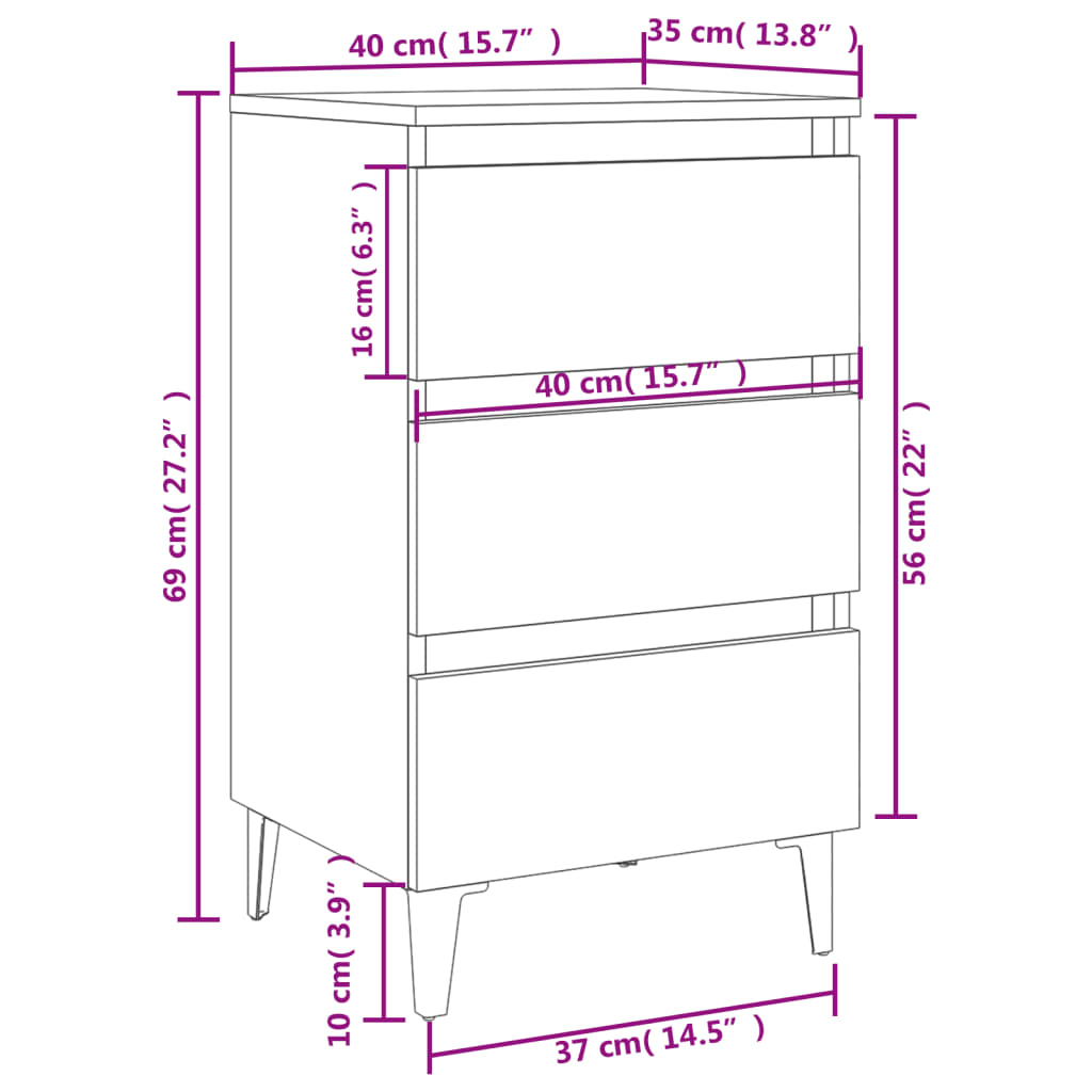vidaXL خزانة سرير بأرجل معدنية 2 قطع أبيض 40×35×69 سم