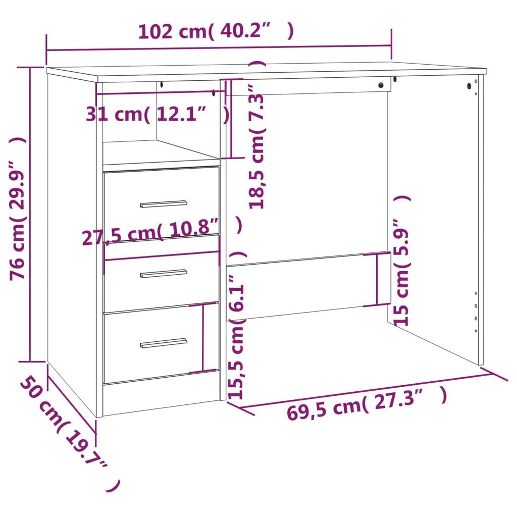 vidaXL مكتب بأدراج لون أبيض 102×50×76 سم خشب صناعي