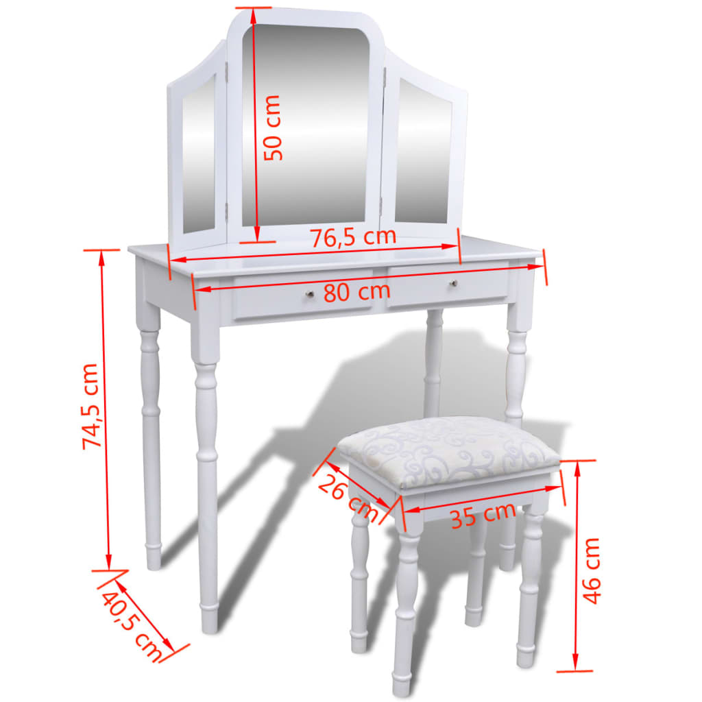 vidaXL طاولة تسريحة 3 في 1 مرآة وكرسي ودرجين أبيض